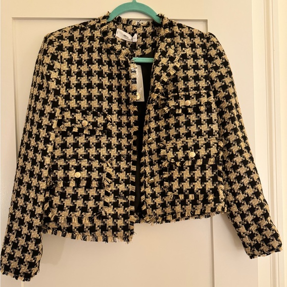 NWT Mango Pocket Tweed Houndstooth Cropped Blazer - Picture 2 of 5